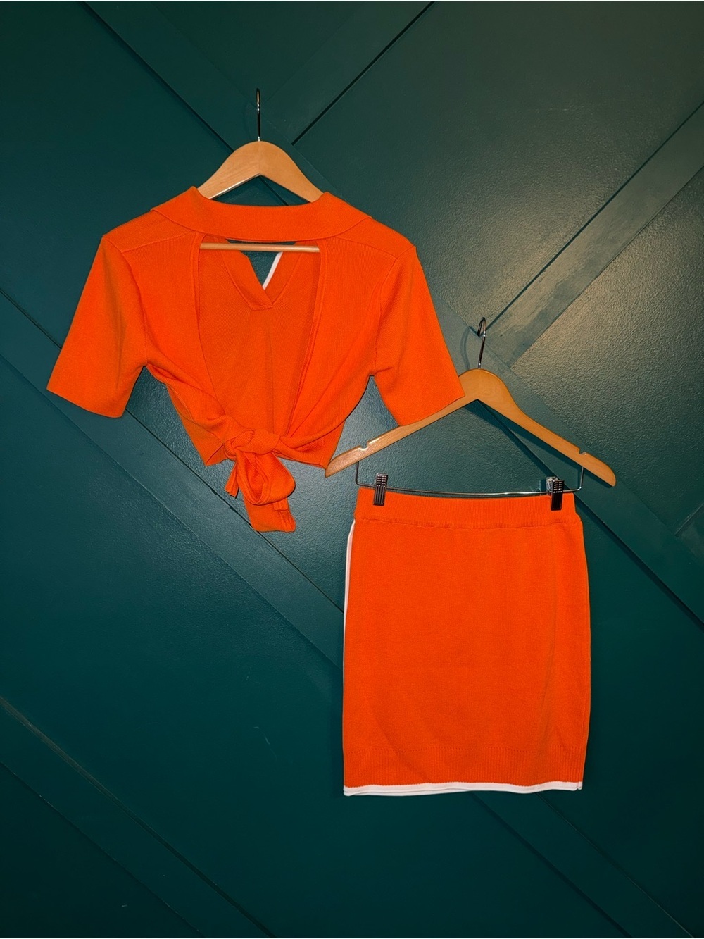 RIVIR Orange Knit 2 Piece Skirt Set Crop Polo Top Y2K Preppy Tennis Outfit - Picture 4 of 10